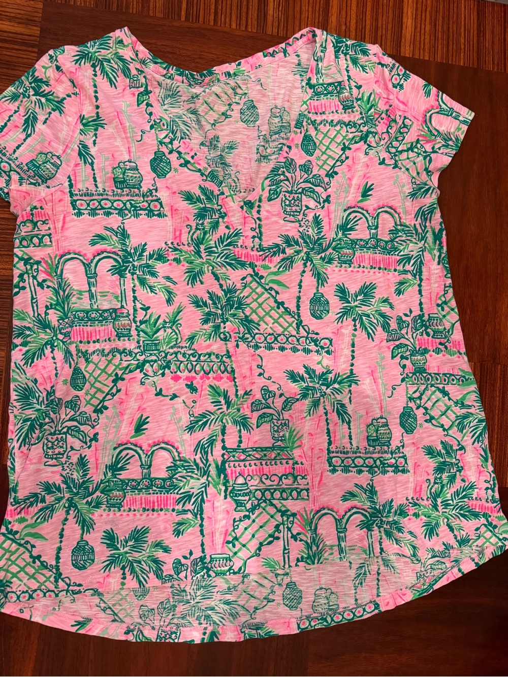 Lilly Pulitzer Pink Short-Sleeve Tee with Green Tropical Print